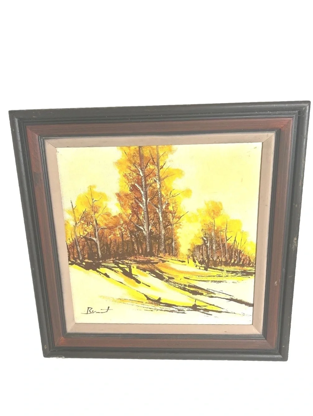 Mid-Century Modern Snow Landscape Painting in Wood Frame